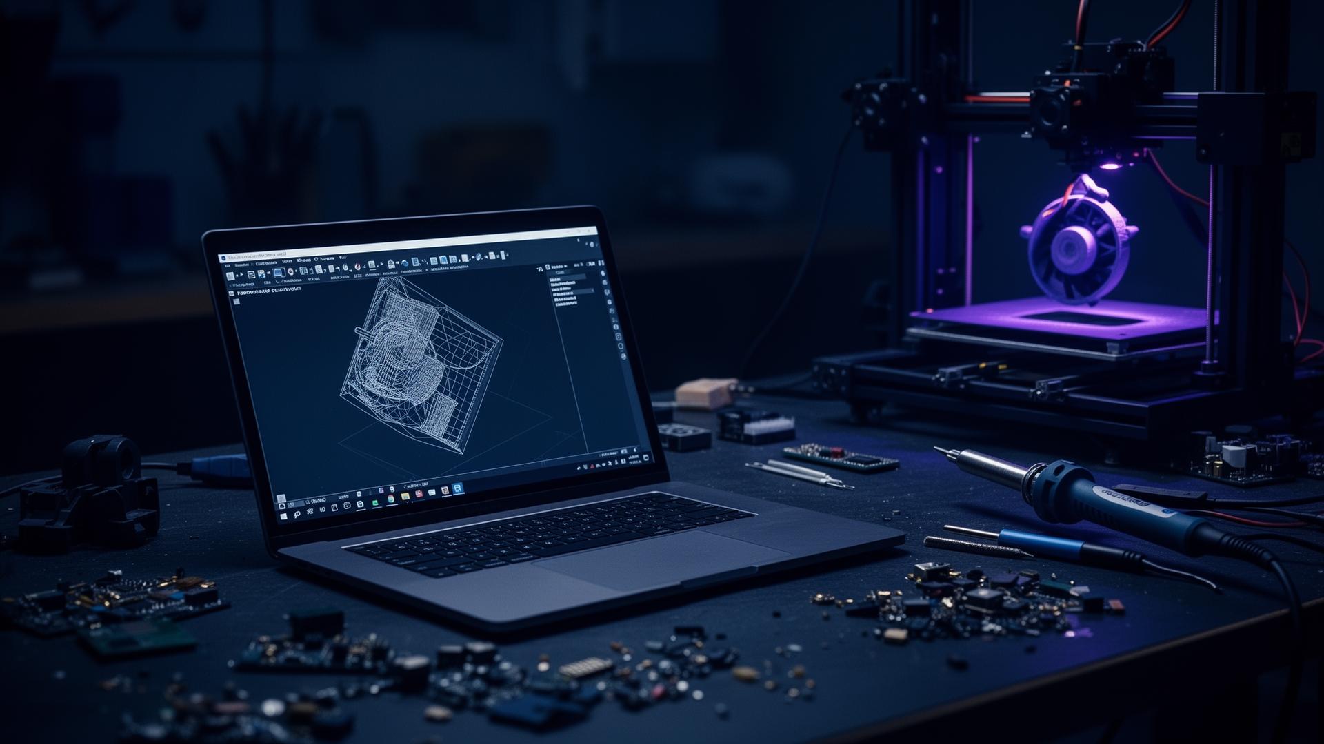 Werkstatt mit CAD-Modell, 3D-Drucker und Elektronik